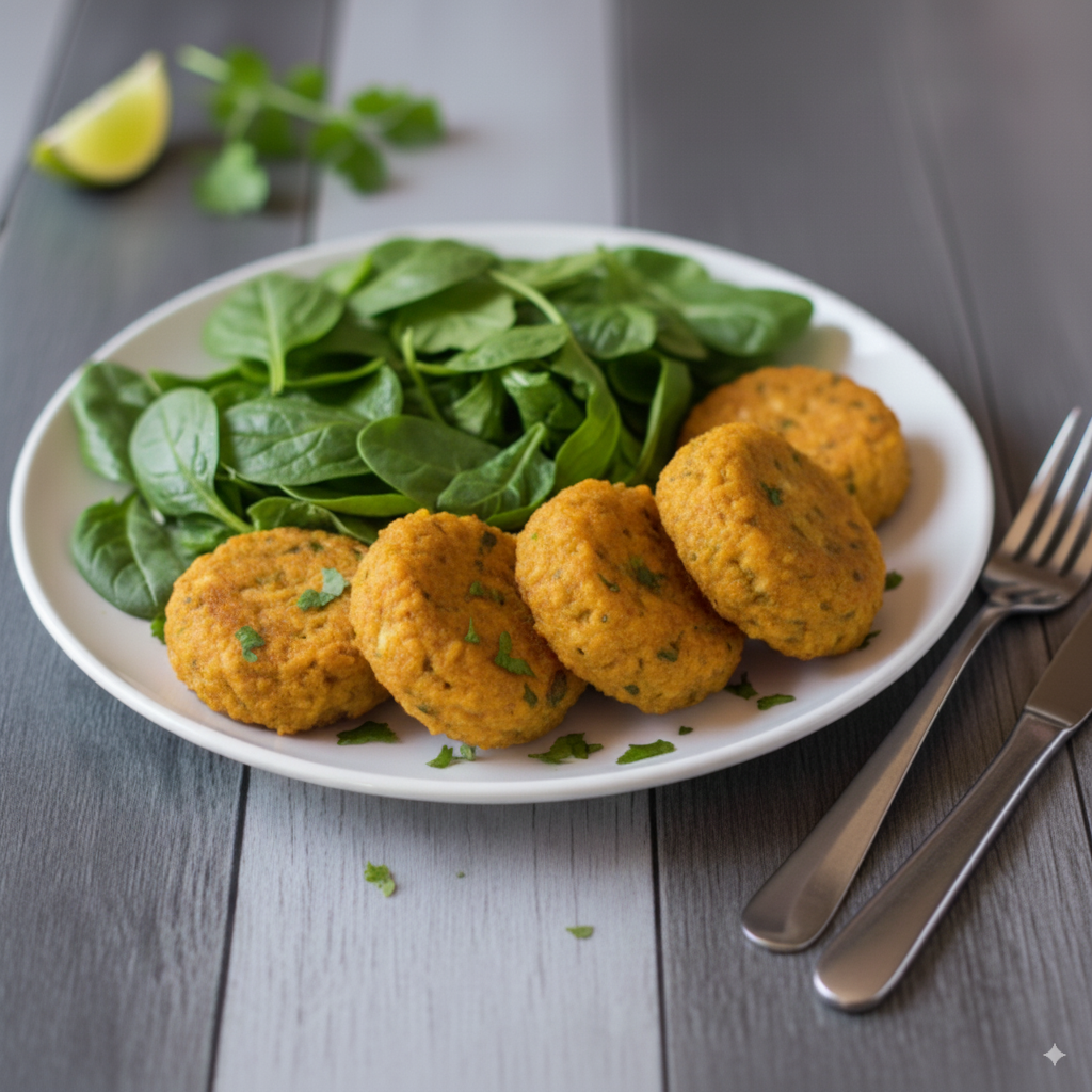 Bolinho de frango com abobora e salada verde