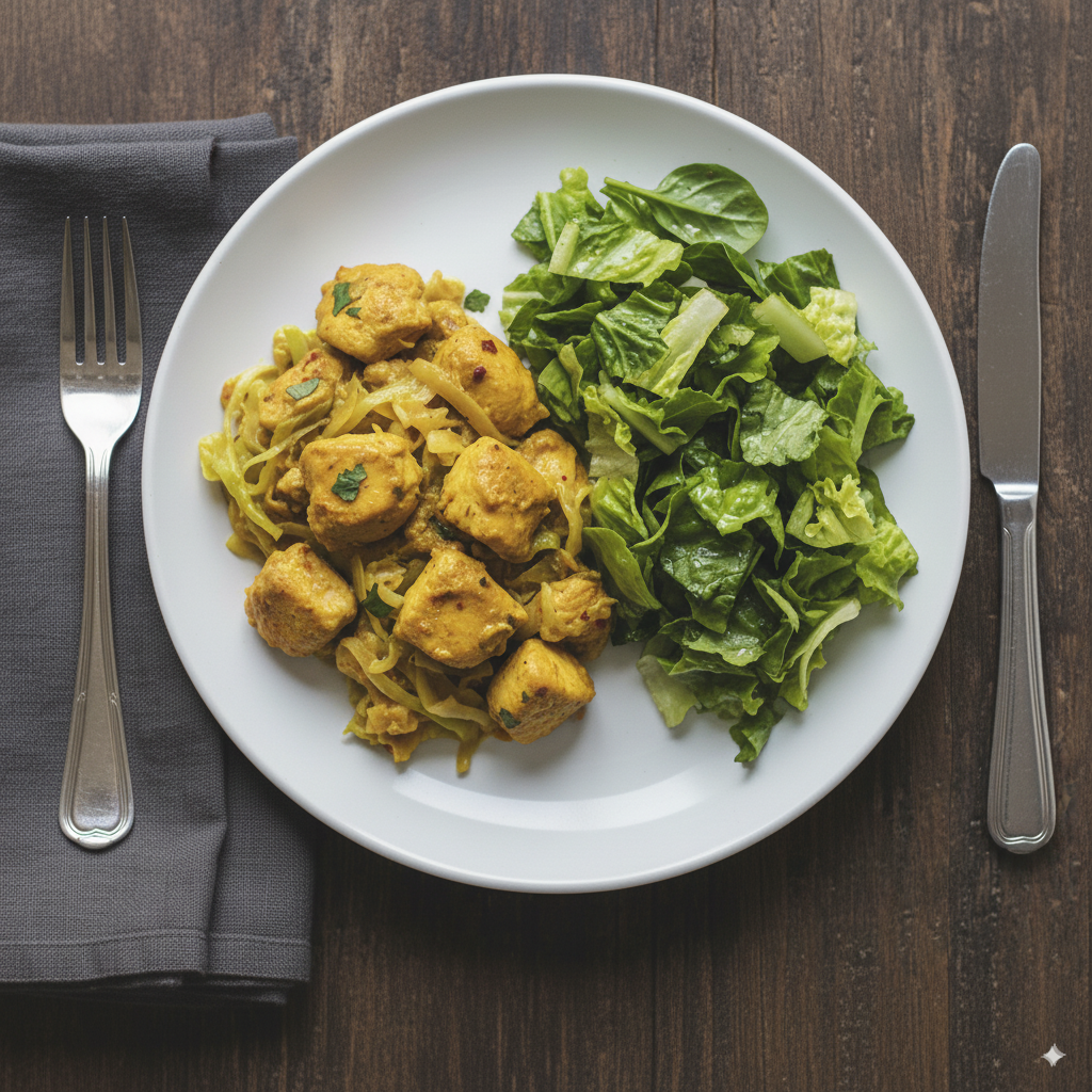 Picadinho de frango e repolho ao curry com salada verde