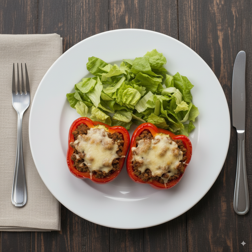 Pimentao recheado com carne moida e salada verde