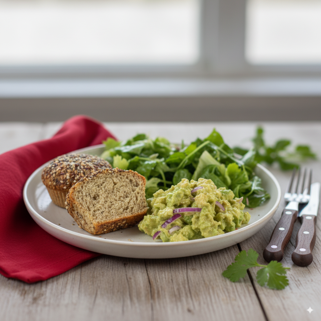 Salada de atum com pao de sementes e salada verde